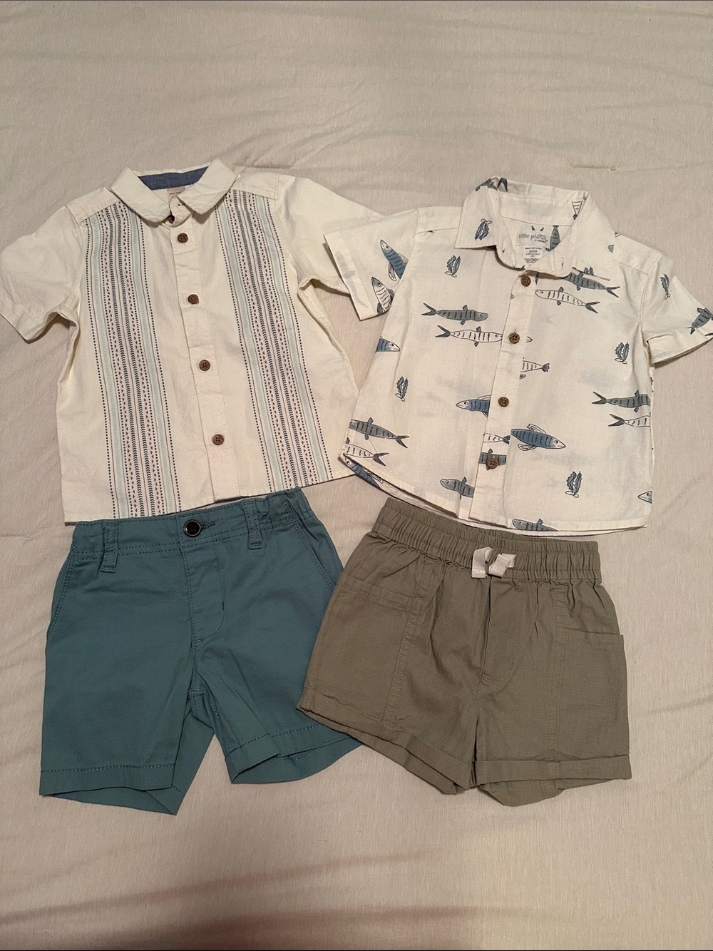 NWOT Children's Cream Fish-Print & Striped Short Set with Blue and Olive Shorts